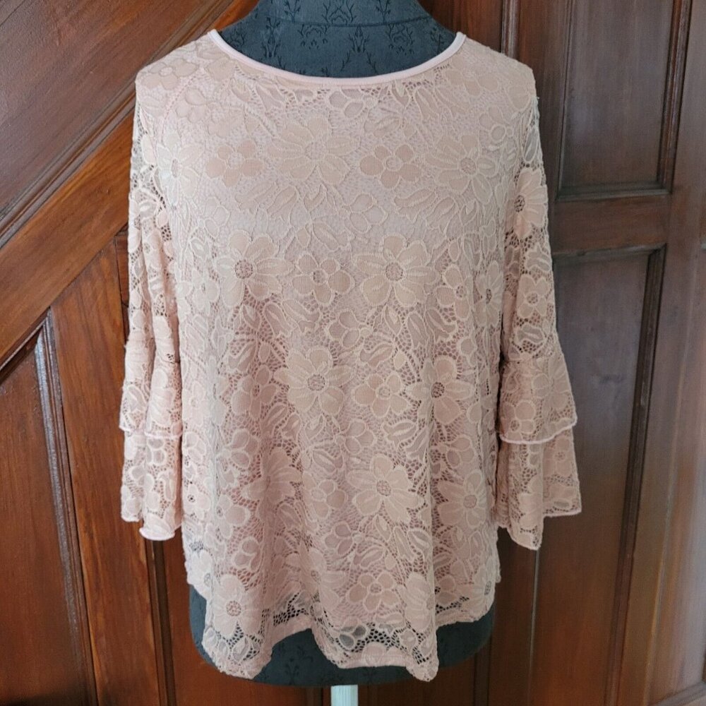 WOMEN'S RUE JUJU PINK FLORAL LACE PRINT 3/4 SLEEVE BLOUSE SIZE PL